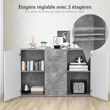 Puhvetkapp, 4 sahtlit ja 2 ust, hall/valge, 123 × 34,5 × 82 cm