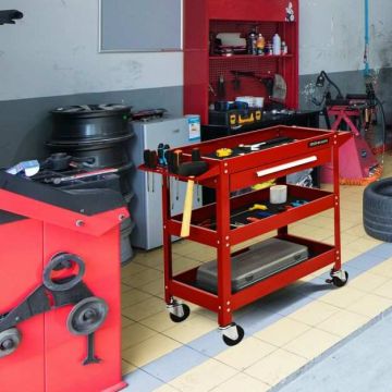 Tool trolley, 3 trays, 1 drawer, Red, 80 × 80 × 41 cm