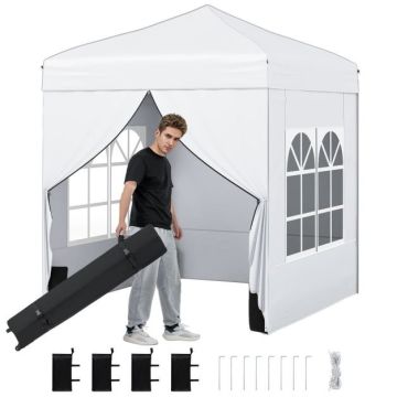 Pop-up tent with carbon steel frame, 4 side walls, wheeled basket, white