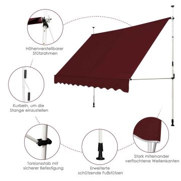 Retractable awning 300 cm, wine red, UV resistant, adjustable height
