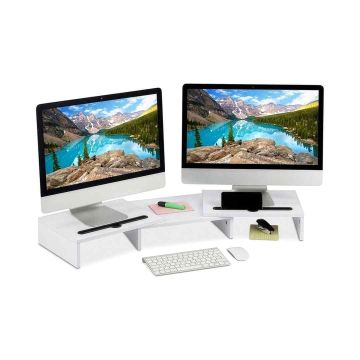 Ištraukiamas monitoriaus stovas dviem monitoriams, baltas, pakeliamas iki 10 cm