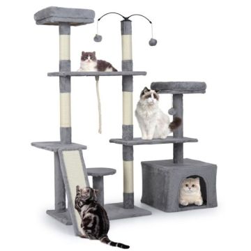 Cat tower with double platform and house, 136 cm, light gray
