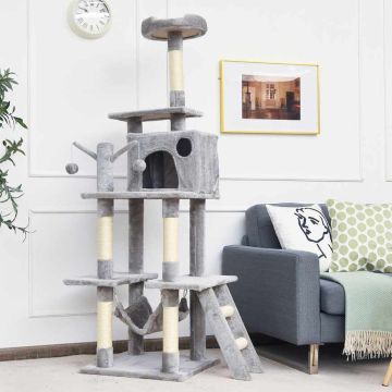 Cat scratching post, with hut and hammock, light gray, 77 × 50 × 167 cm