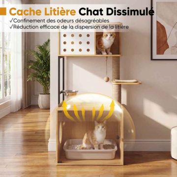 Cat's den with feeding area and litter box, 72×43×117.5 cm, natural sisal