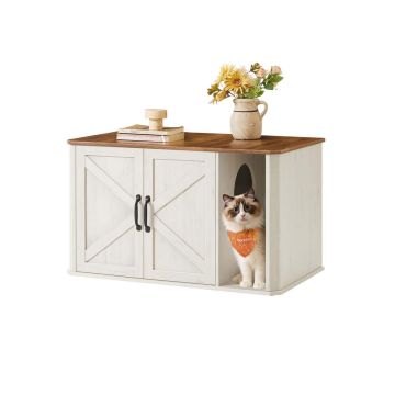 Feandrea Cat Litter Box Cabinet PCL012W01, Double Doors, Brown/White, 85 × 48.5 × 50 cm