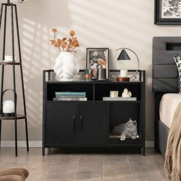 Cat litter box cabinet, double doors, Black, 89 × 45 × 74.5 cm