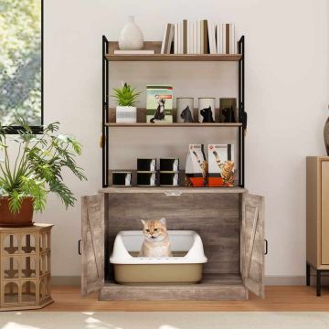 Cat Litter Cabinet, 3 Shelves, Grey/Black, 80 × 48 × 145 cm