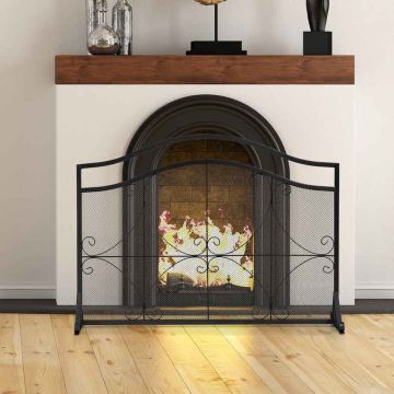 Wrought iron fireplace screen with metal mesh, black, 5 kg, 112x32x82 cm