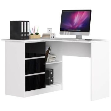 Nurgaga arvutilaud B16, vasakpoolne, 3 sahtlit, Valge/must, 124 × 77 × 85 cm