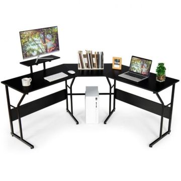 Corner computer desk, L-shaped, Black, 225 × 91 × 48 cm