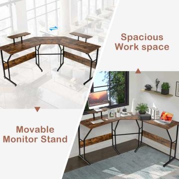 Corner computer desk, L-shaped, Brown, 225 × 91 × 48 cm