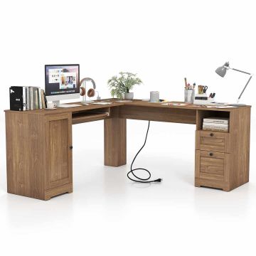 Corner computer desk, with cabinet and drawers, oak color, 167.64 × 167.64 × 76.2 cm