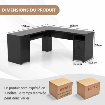 Corner computer desk, with drawers and cabinet, black/oak color, 168 × 168 × 76 cm