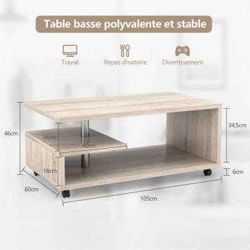 Coffee table, 2 shelves, Brown, 105 × 60 × 46 cm