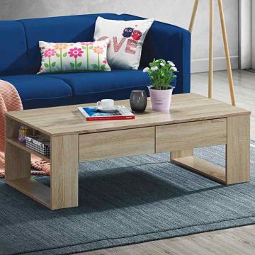 Coffee table, 2 drawers and 2 shelves, Oak, 120 × 40 × 60 cm