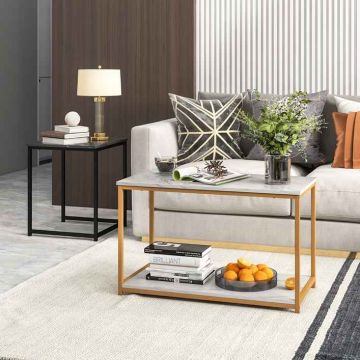 Coffee table set, 3 pcs, White, gold and black
