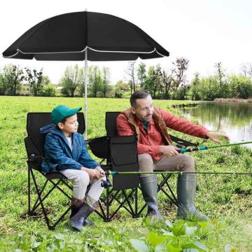Camping chair, double, with umbrella, Black, 160 × 55 × 118–178 cm