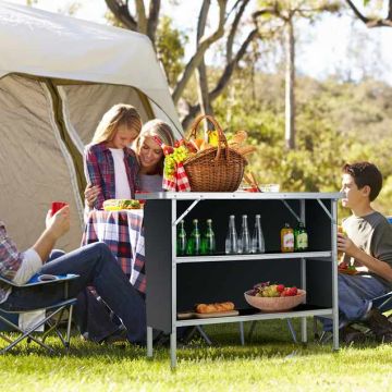 Camping table, foldable, 2 shelves, Black, 110 × 38 × 88 cm