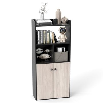 Bookshelf, 3-tier, double-door cabinet, black, 60 × 140 × 30 cm