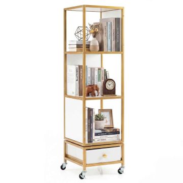 Bookshelf, 4 shelves with drawer, White, 30 × 111 × 30 cm