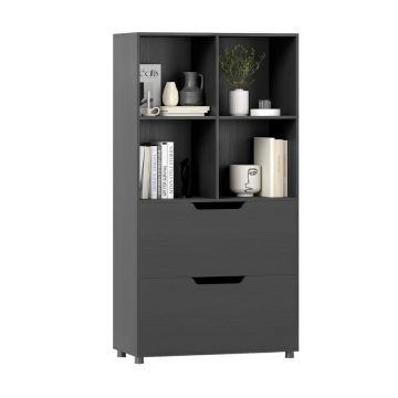 Bookshelf, 4 compartments, 2 drawers, Black, 70 × 130 × 33.5 cm