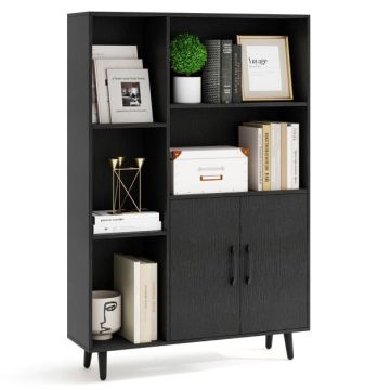 Bookshelf, 5 compartments, 2 doors, Black, 80 × 23 × 119 cm