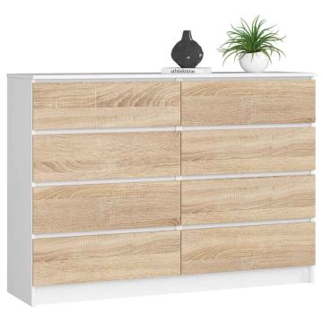 Kummut AKORD K140 8SZ, 8 sahtlit, valge/tammepuidu värvi, 138 × 99 × 40 cm