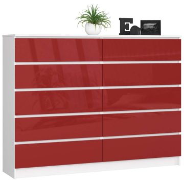Kummut AKORD K160 CLP, 10 sahtlit, valge/punane, 160 × 121 × 40 cm