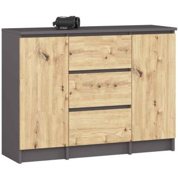 Kummut K100, 2 ust ja 3 sahtlit, hall/tamme, 101 × 76 × 35 cm