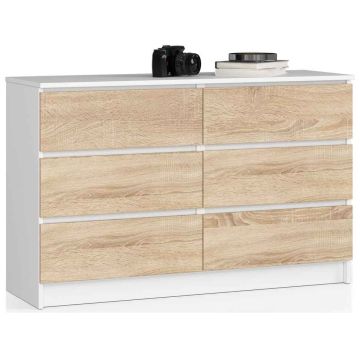 Kummut K120, 6 sahtlit, Valge/tamm, 120 × 77 × 40 cm