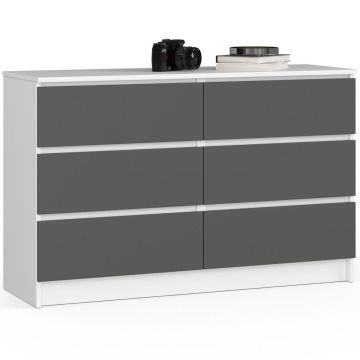 Kummut K120, 6 sahtlit, valge/hall, 120 × 77 × 40 cm
