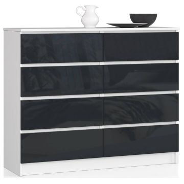 Kummut K120, 8 sahtlit, valge/hall, 120 × 99 × 40 cm