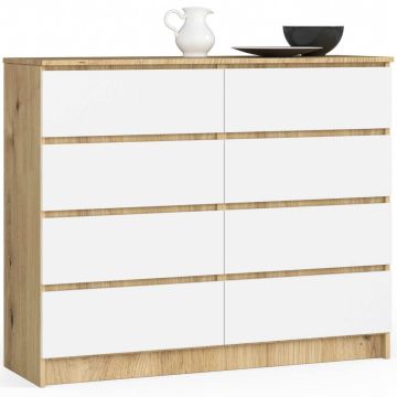 Kummut K120, 8 sahtliga, valge tamme, 120 × 99 × 40 cm