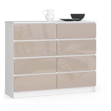 Kummut K120, 8 sahtlit, valgepruuni, 120 × 99 × 40 cm