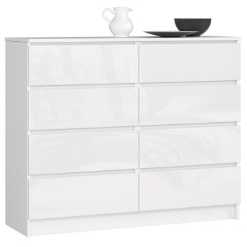 Kummut K120, 8 sahtlit, valge, 120 × 99 × 40 cm