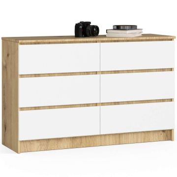 Kummut K120 CLP, 6 sahtlit, valge/tamm, 120 × 77 × 40 cm