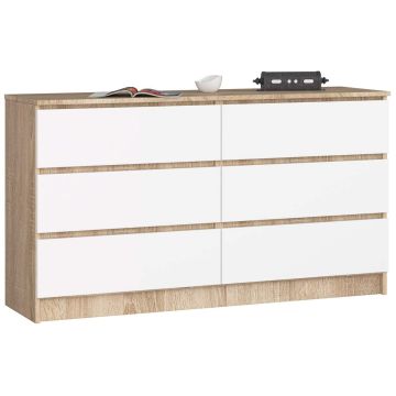 Kummut K140, 6 sahtlit, valge/tammevärvi, 138 × 77 × 40 cm