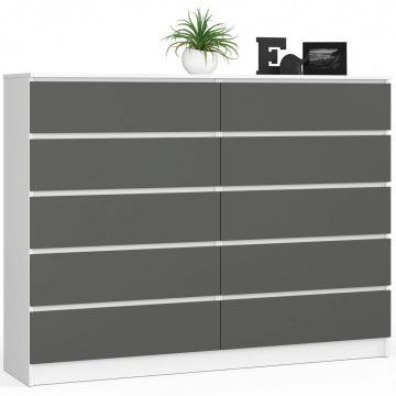Kummut K160, 10 sahtlit, valge/hall, 160 × 121 × 40 cm