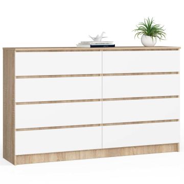 Kummut K160, 8 sahtlit, valge/tammepuidu värvi, 160 × 99 × 40 cm