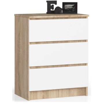 Kummut K60, 3 sahtliga, pruuni/valge värvi, 60 × 77 × 40 cm