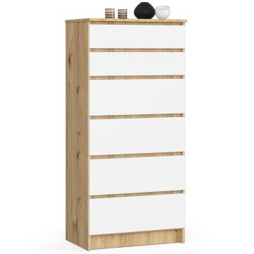 Kummut K60, 6 sahtlit, valge/tammevärvi, 60 × 130 × 40 cm