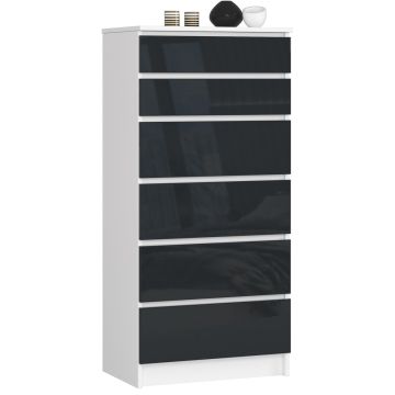 Kummut K60, 6 sahtlit, valge/hall, 60 × 130 × 40 cm