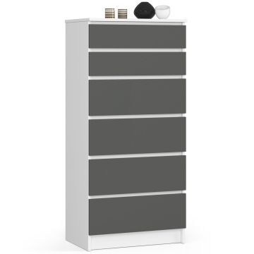 Kummut K60, 6 sahtlit, valge/hall, 60 × 130 × 40 cm