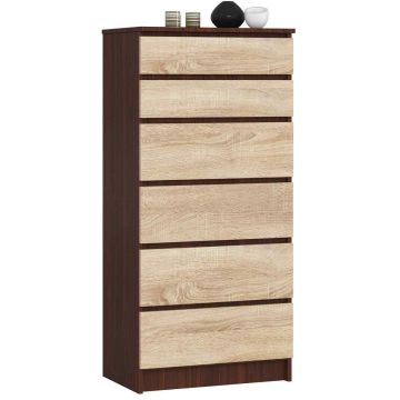 Комод NORE K60 с 6 ящиками, темно-коричневый/дубовый цвет.