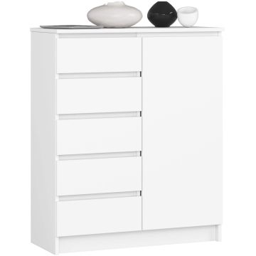 Kummut K80, 1 uks ja 5 sahtlit, Valge, 80 × 97 × 35 cm