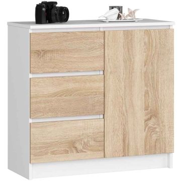 Kummut K80 JERRY, 1 uks ja 3 sahtlit, valge/tamme, 80 × 77 × 35 cm