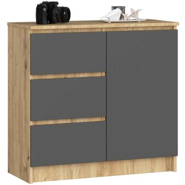 Kummut K80 JERRY, 1 uks, 3 sahtlit, tammehall, 80 × 77 × 35 cm