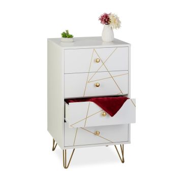 Комод Relaxdays, 4 ящика, с открытой полкой, Белый и золотистый, 48 × 86 × 39 см