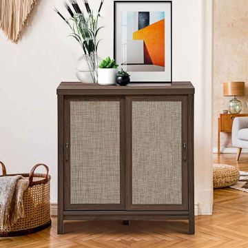 Chest of drawers, with sliding doors and 1 shelf, Brown/beige, 86 × 91.5 × 44.5 cm