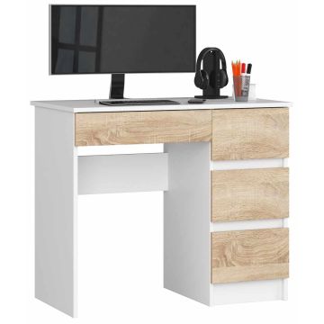 Arvutilaud A-7, parempoolne, 4 sahtlit, valge/tammevärvi, 90 × 77 × 50 cm